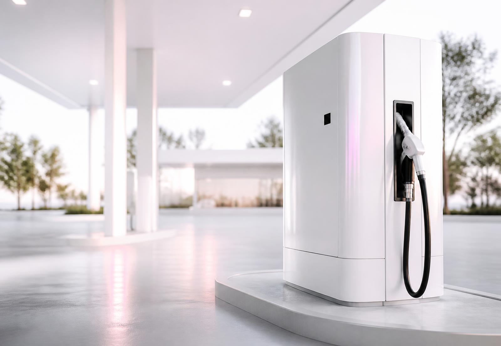 Modern white fuel station forecourt in bright daylight