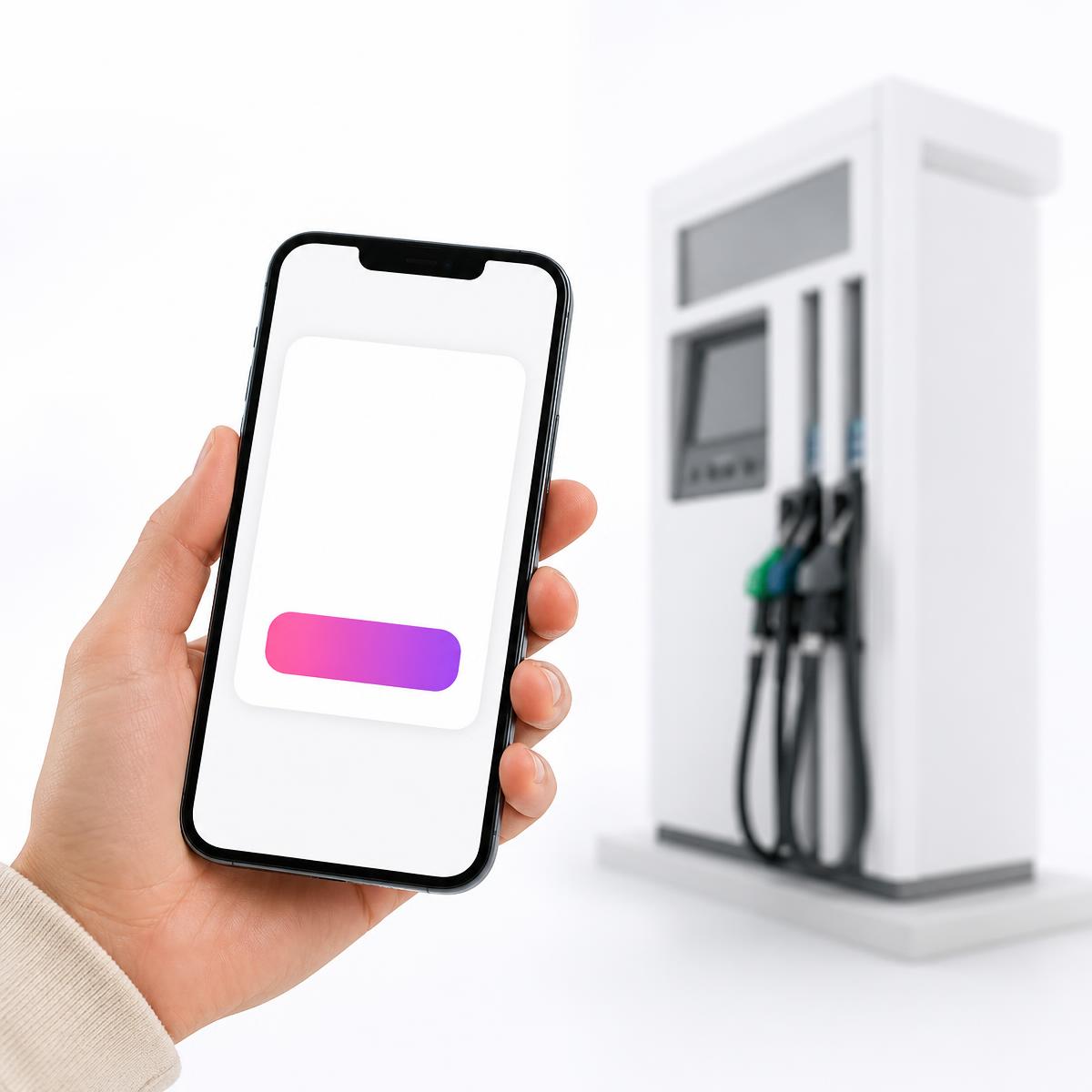 Phone showing the FlyFuel checkout screen at a fuel pump